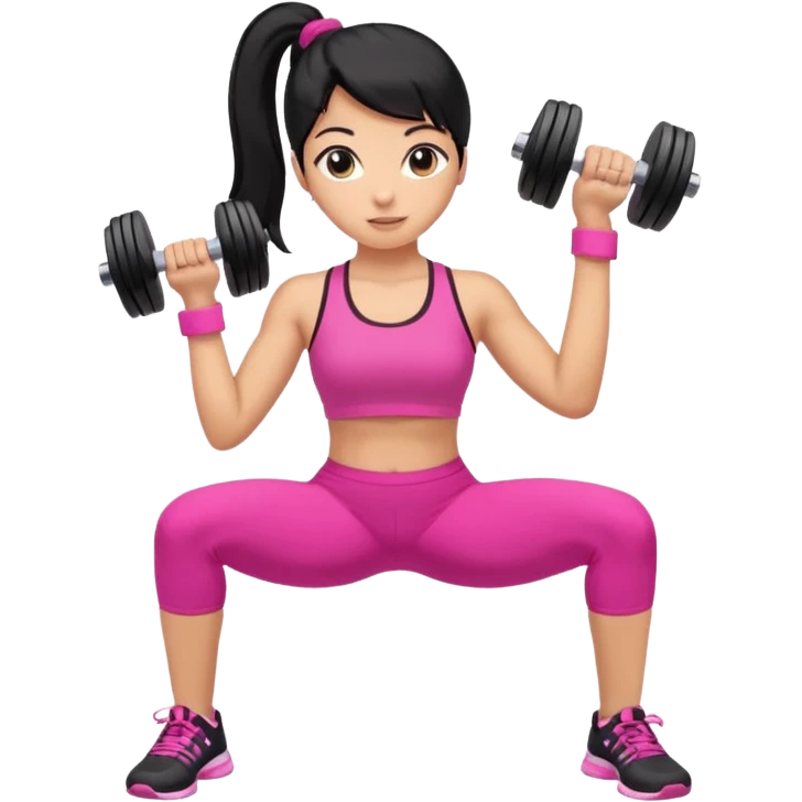 A tan girl with black hair in a ponytail. Wearing a pink gym set. Picking up dumbells emoji