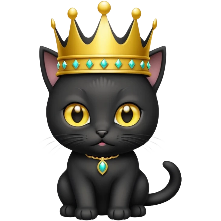 Black kitten with big yellow eyes wearing a crown emoji
