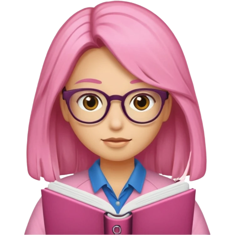 Estudante de cor parda cabelo cacheado loiro escuro de óculos segurando um caderno rosa emoji