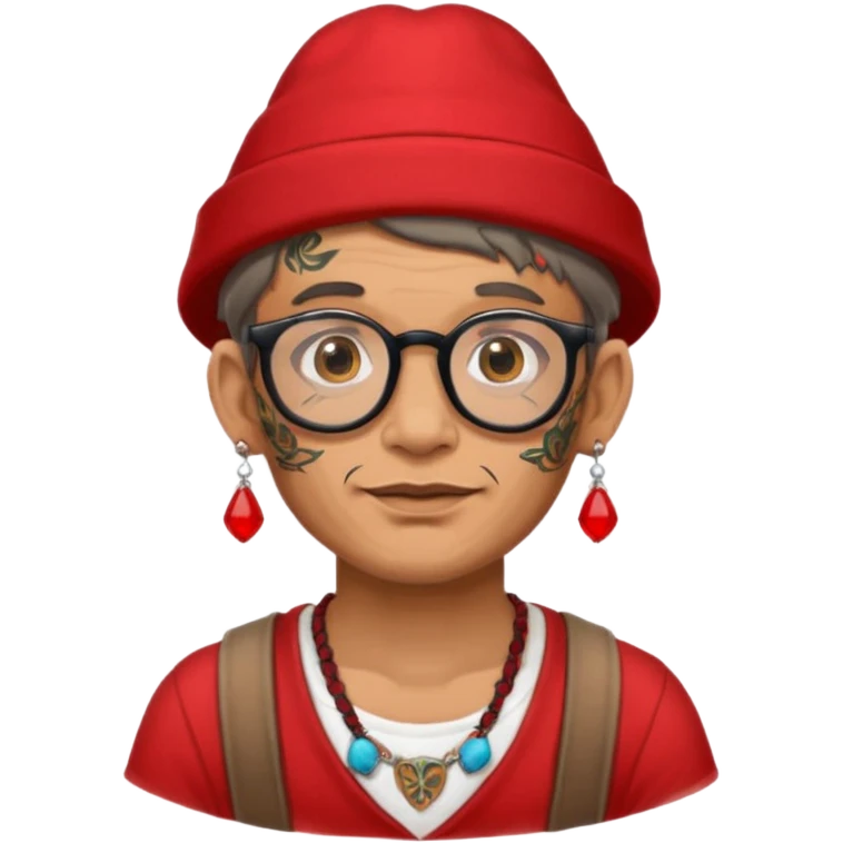 unique looking tourist with big unique red tourist hat and earrings, man with lots of tattoes and spectacles emoji