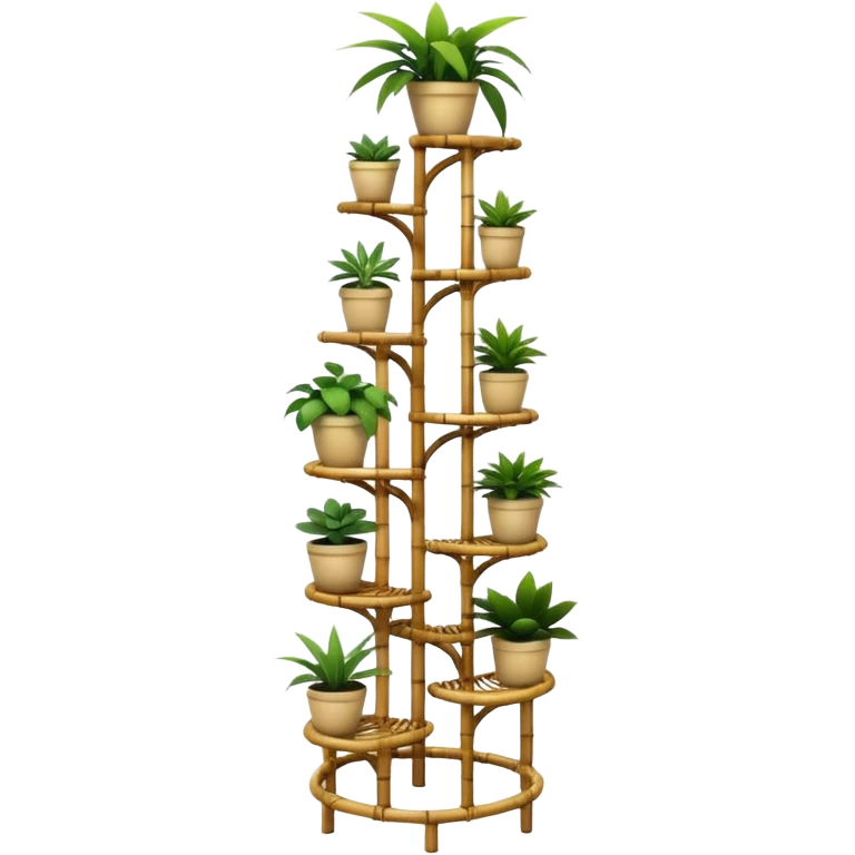 Large multi-tier multi-level curvy spiral plant rack constructed from thin bamboo poles  emoji