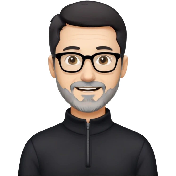 Caucasian man with very short black hair, short graying beard, large black eyeglasses, cheerful expression, black long sleeve shirt with quarter zip at collar emoji
