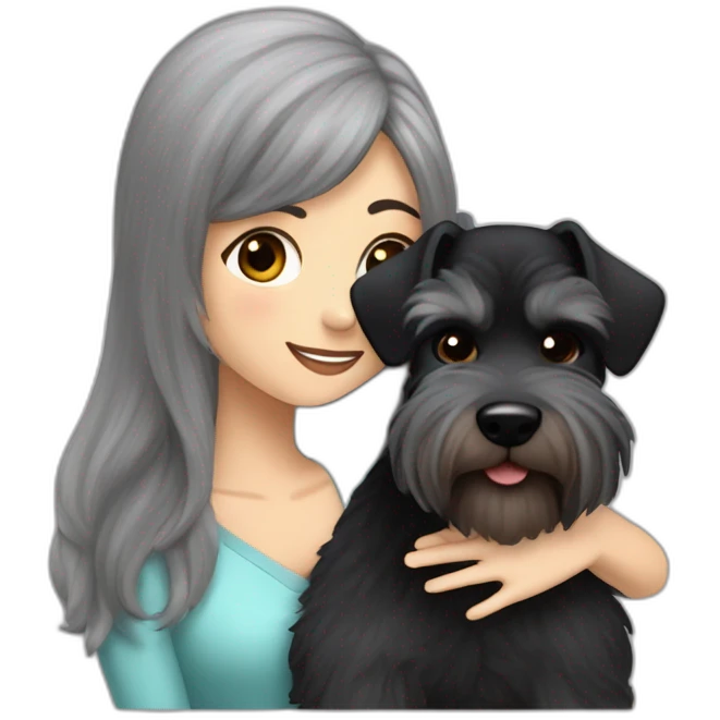 Black and silver Schnauzer having a really big cuddle with lady with brown long hair emoji