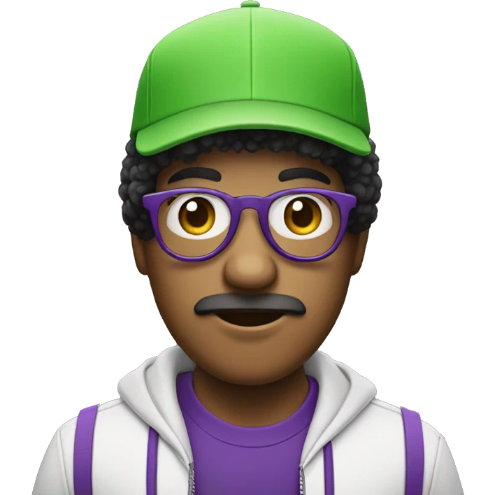 personaje blanco con gorra morada y lentes verdes y pelo afro emoji