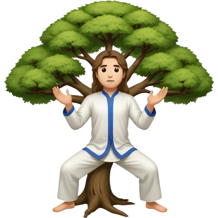 pratiquant de qi gong, homme aux cheveux long, en position de l'arbre, en tenue noire ou blanche emoji