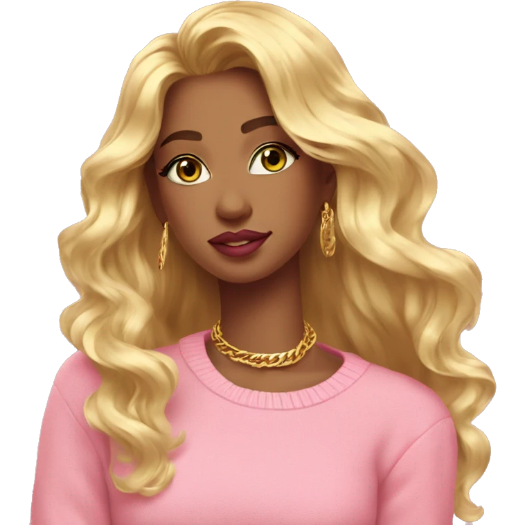 girl pink sweater pink lipstick green eyes gold earrings pink nails golden wavy long hair full body emoji