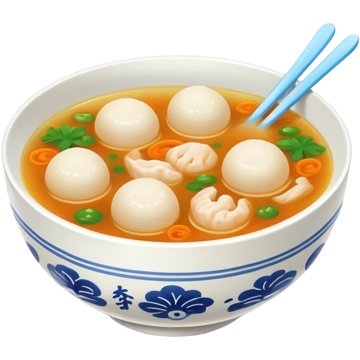 Fujian fish ball soup with clear broth in bowl, simplified emoji style with bold outlines and bright colors, cartoon style Southern Chinese breakfast Yu Wan Tang emoji