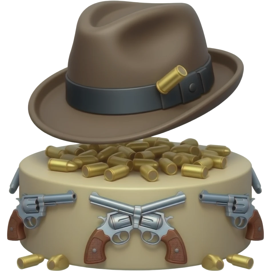 3D значок даркнета: мафиозная фетровая федора с застрявшей пулей и следами пороха, парящая над круглой постаментом, украшенной скрещенными револьверами и россыпью гильз. Стиль: детализированный рендер, матовые материалы, контрастное студийное освещение. emoji