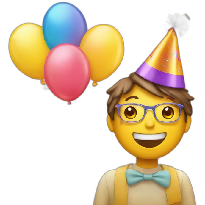 Create an yellow emoji featuring a person joyfully wearing a birthday hat and enthusiastically blowing a birthday whistle, capturing the festive spirit of celebration emoji