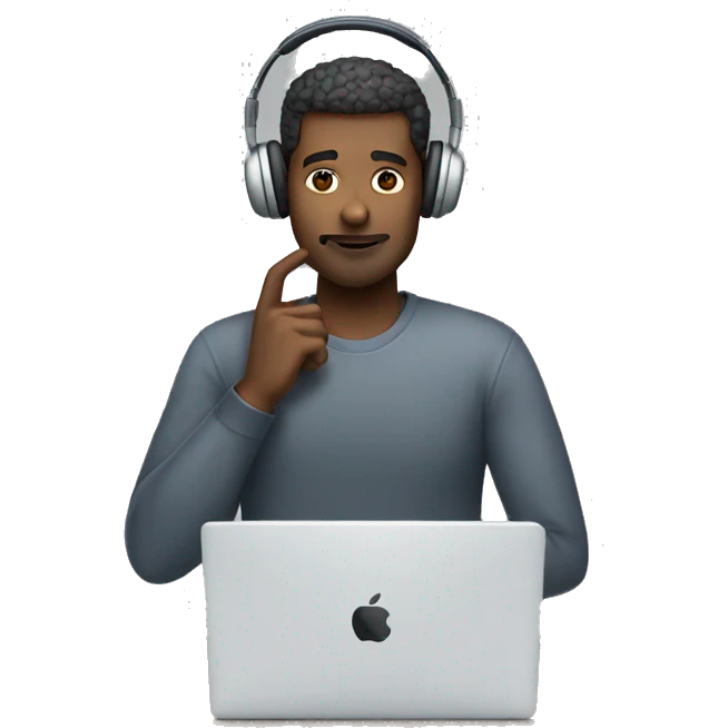 man in headphones talking hold laptop and phone only upper part of body  emoji