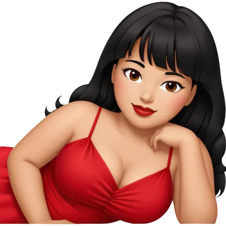 Latina medium skin tone with bangs black long hair plus size sexy red dress laying down and eye winking emoji