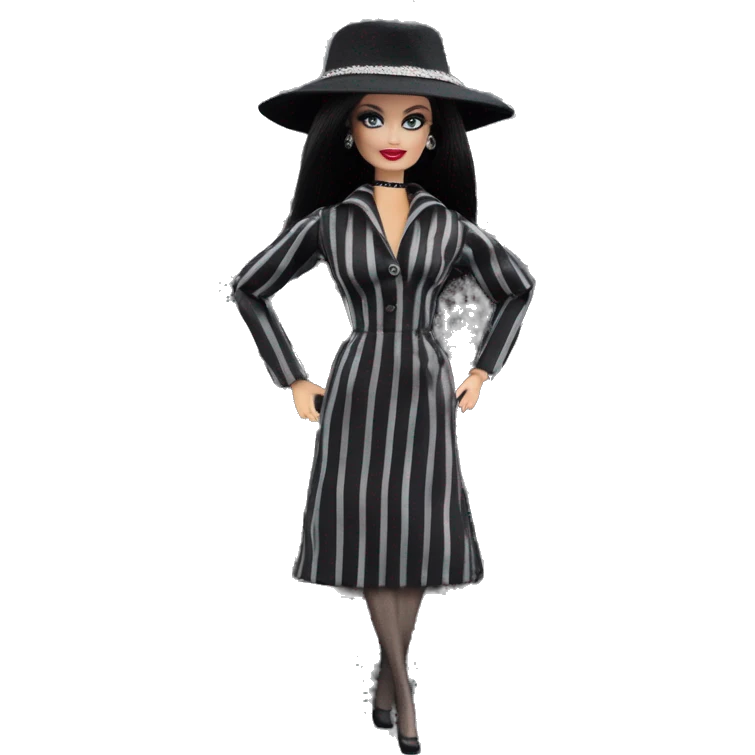 Bouclé Beauty Lingerie Barbie, 1965 Morticia Addams from academy, in dark-gray and black striped outfit with hat. Driving 1978 Mercedes convertible sports car  emoji