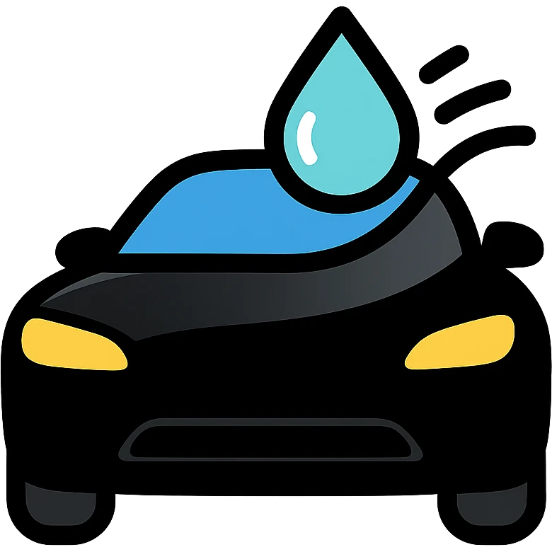 full high-end vehicle icon with glossy black mirror-like paint, water droplet sliding on the hood or roof, subtle repellent effect with water lines moving away, modern and clean style emoji