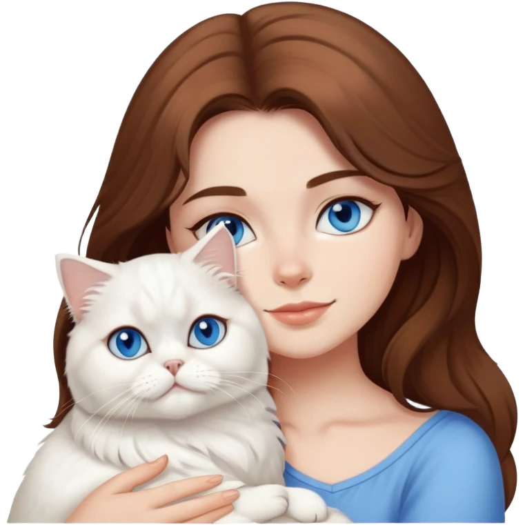 girl with brown hair cuddling a white persian cat with blue eyes emoji