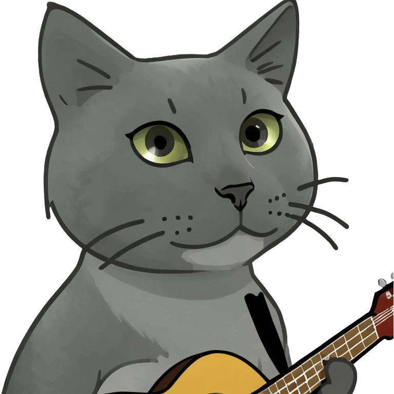 grey Cat with a guitar and side bang emoji