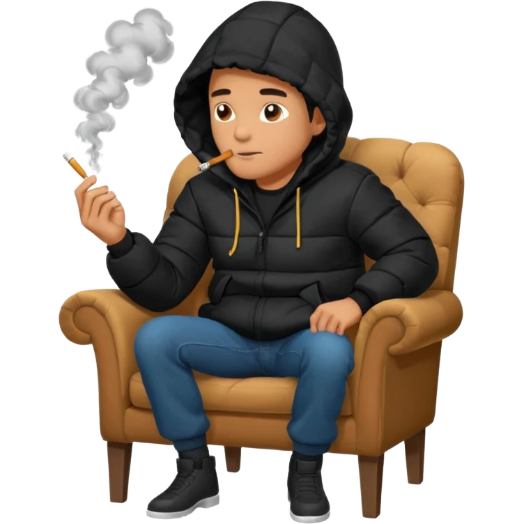 A man sitting on a chair, wearing a black puffed coat with hood, hands in his pocket, smoking a cigaret, he is on a chair i emoji