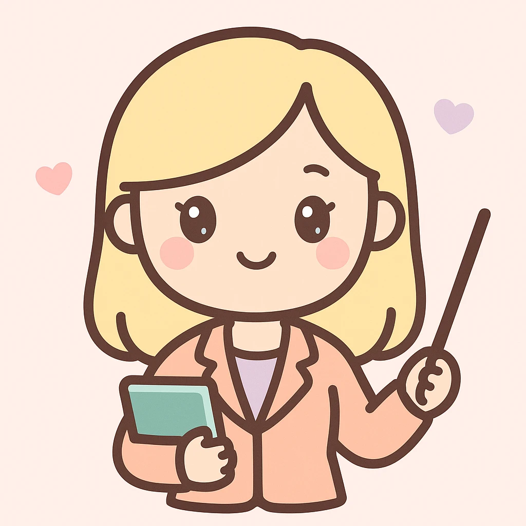 profesora de pelo liso rubio y piel clara, estilo kawaii emoji