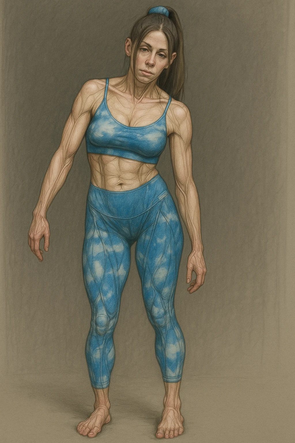 Realistic style illustration of a woman in sportswear with an asymmetric posture showing evident postural problems. The anatomy is clearly visible with muscles and joints emphasized. The background is neutral and the format is vertical, inspired by the reference photo. emoji