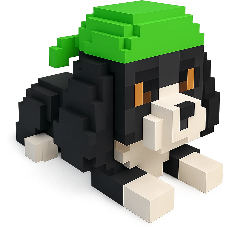 A black and white Russian Cocker Spaniel puppy wearing a green durag, voxel style, lying down emoji