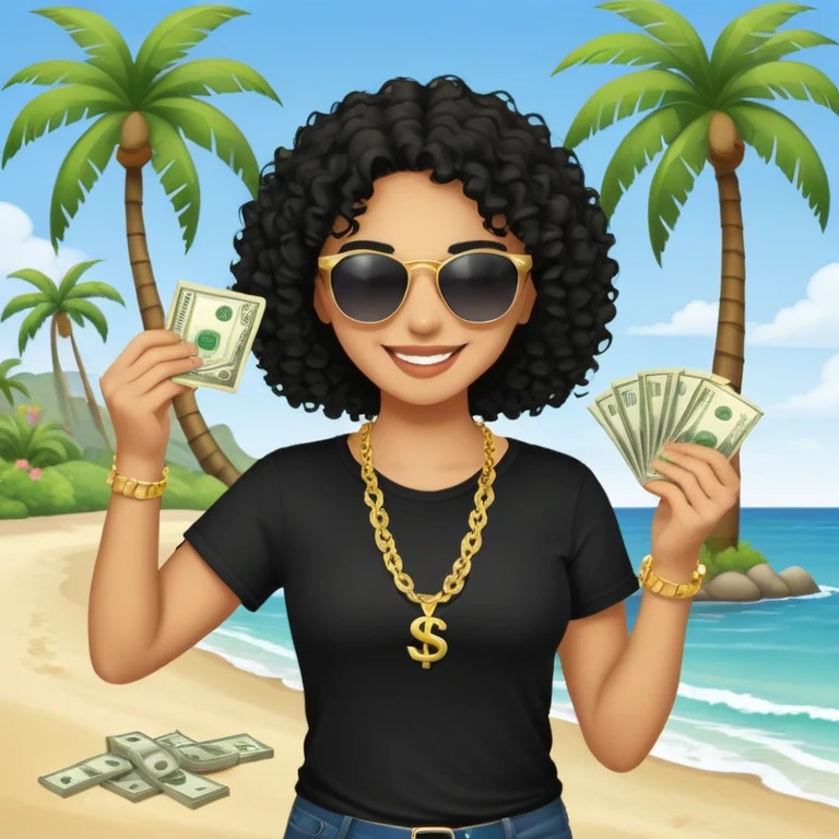 Mixed-race person with curly hair smiling, wearing black t-shirt, necklace and sunglasses, holding dollar bills in both hands, at beach with palm trees emoji
