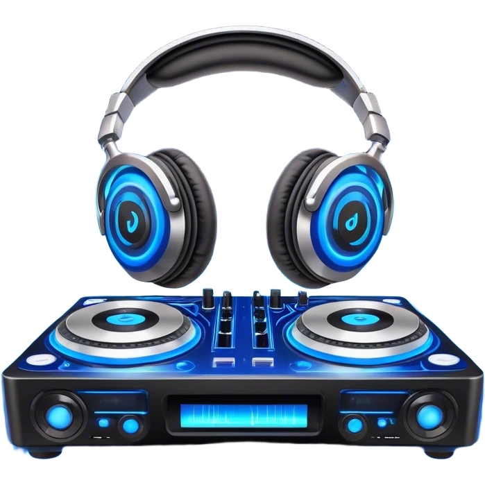 Create a dynamic and modern emoji that represents electronic music and DJing. The design should feature a DJ controller with two vinyl turntables, DJ headphones, and glowing sound waves or a waveform to symbolize the energy of mixing and electronic beats. Use vibrant neon colors like electric blue, neon pink, or green to represent the futuristic and pulsating nature of electronic music. Add subtle details of flashing lights or abstract patterns to evoke the nightclub or festival atmosphere. The background should be transparent. emoji