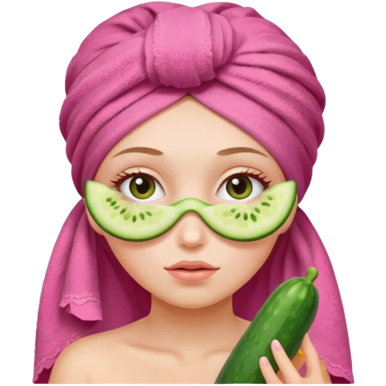 Girl with cucumbers on her eyes and a pink towel on her head emoji
