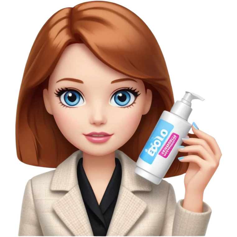 A Barbie girl with blue eyes, shoulder-length reddish-brown hair, made-up, in a white tweed jacket and black skirt, holding a tube of pale beige face cream emoji