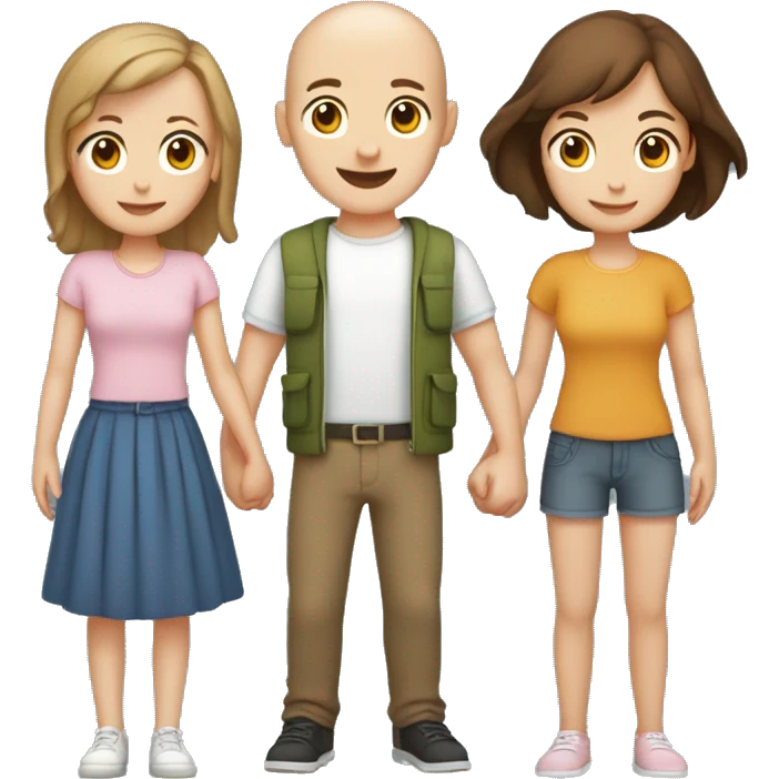 Two girls and one guy holding hands, both girls white skin, one girl brown hair, other girl no hair, guy is standing in the middle and has short brown hair emoji