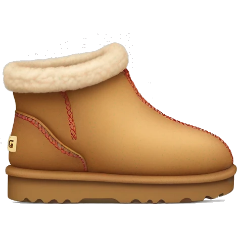 Ugg Camel slip-on slippers. A thin red zig-zag stitch only encircling ankles, VERY chunky platform sole. emoji