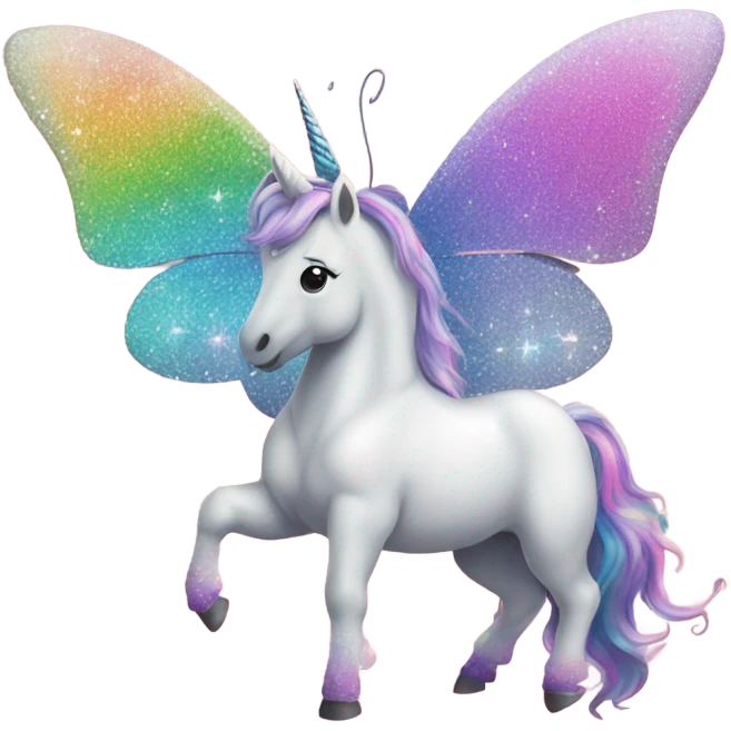 Whimsical rainbow unicorn butterfly with glitter emoji