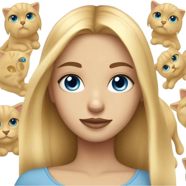 Blondir girl with blue eyes and middle long hair and she has little black kitty with long cat hair emoji