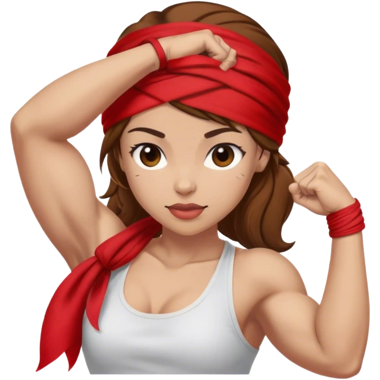 Light skin and brown hair with red bandana Rosie the Riveter shows biceps emoji