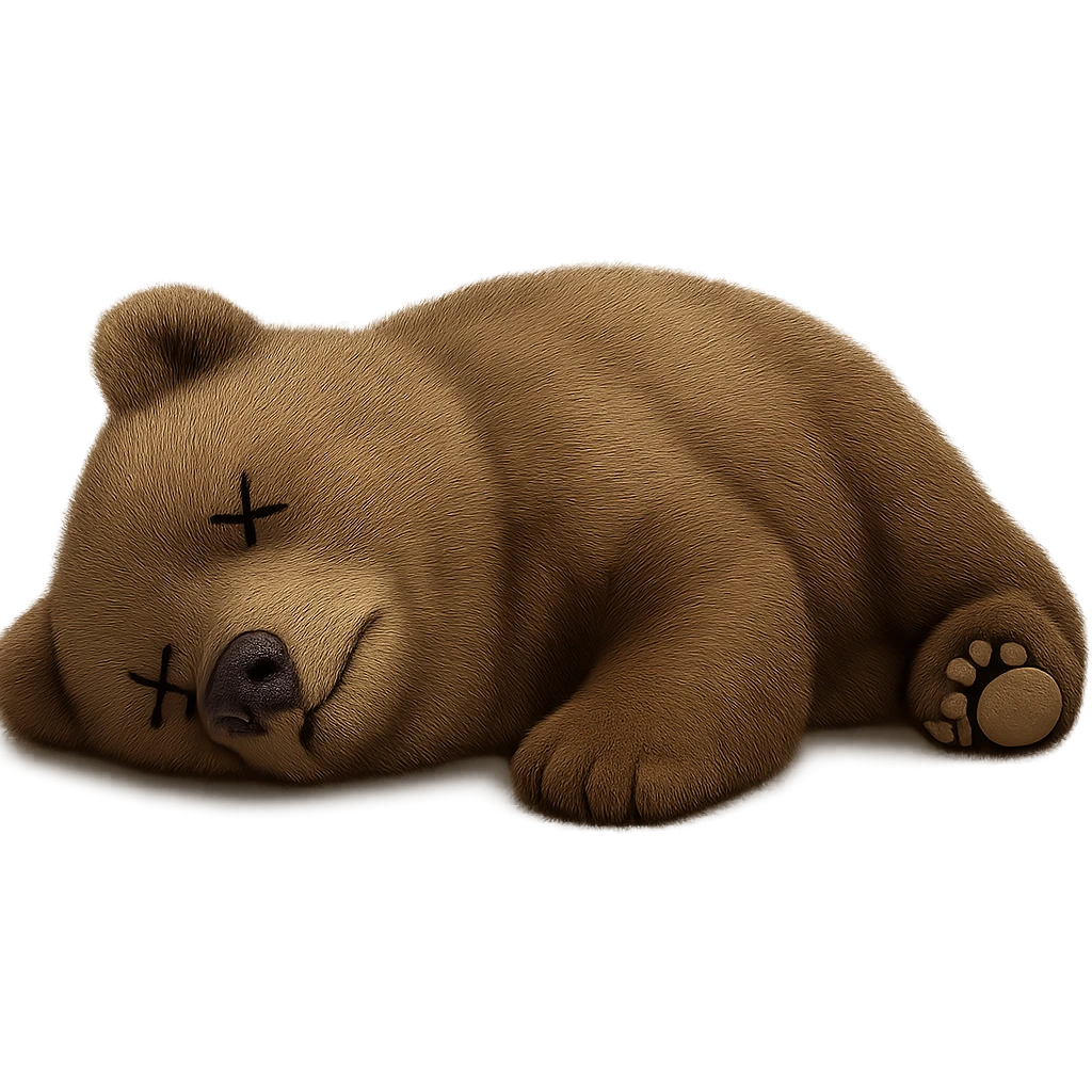 Make the bear appear dead, lying on its side with cartoon X's for eyes, no blood, keep the exact same photorealistic style and details, transparent background. emoji