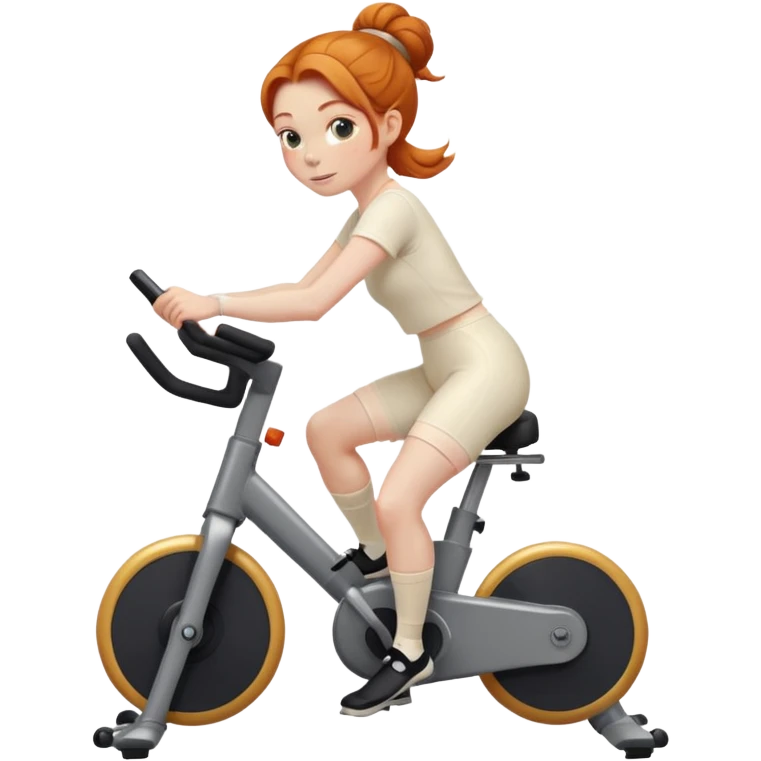 Ginger girl middle part low bun riding stationary bike cream outfit emoji
