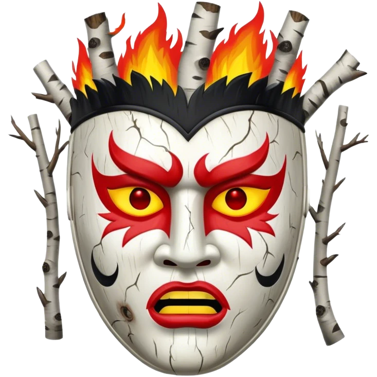 birch tree male mask in kokoshnik expressing anger, white, black and red palette, the texture has black marks, red fire at the top emoji