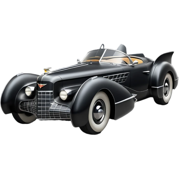  the animated series aerodynamic opulent dark futuristic concept Batmobile loosely based on 1946 V16 Cadillac roadster(flat long straight faceted mechanical body) winged stealthy street hot rod  emoji