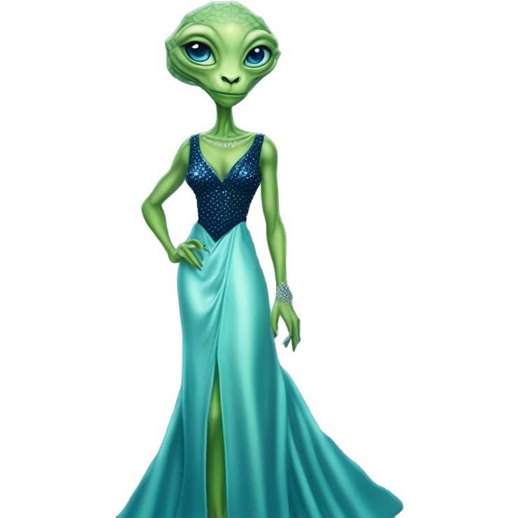 reptilian green alien woman, in long slim pastel blue formal party satin dress with gradient shiny sparkling navy blue diamonds embroidered, full body full figure emoji