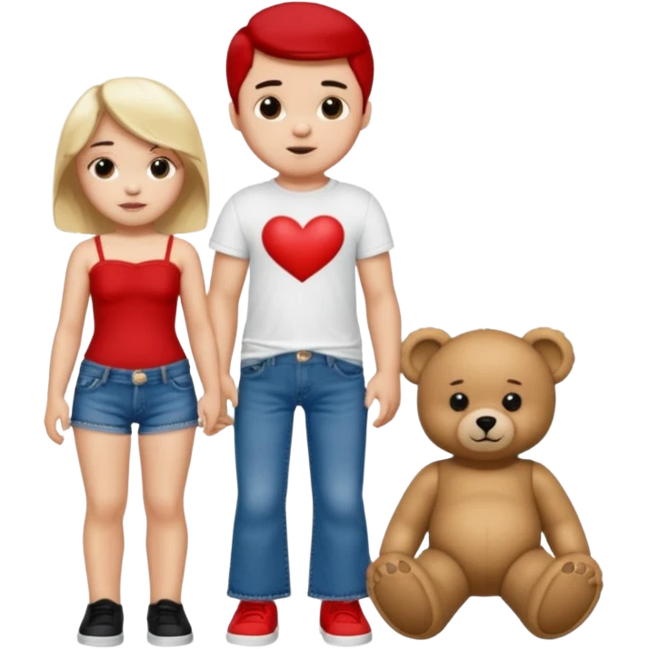 A boy and a girl teddy bear for the boy bear put on true religion shirt and jeans with black shoes and for the girl put flare jeans and a red tube top and white shoes just bears not the humans  emoji