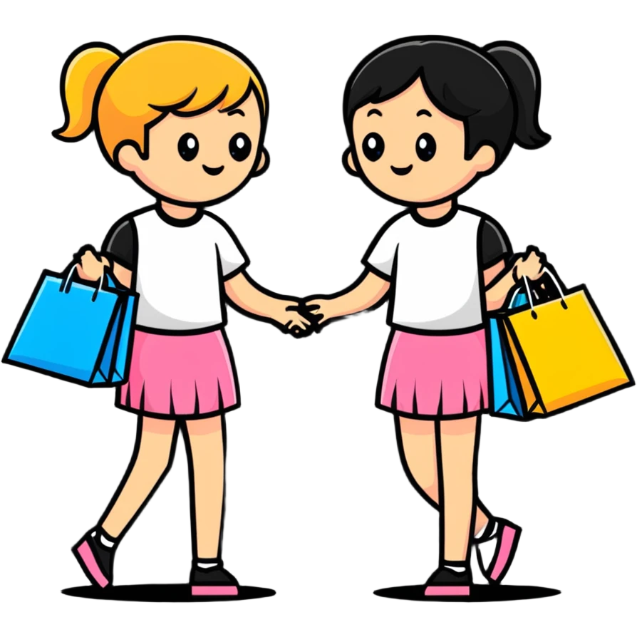 Two girls helping each other carry shopping bags emoji