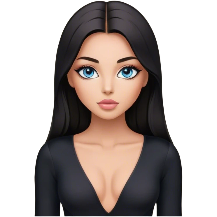 Glamours make-up, tanned, beautiful, girl, with blue eyes, big pump peach-beige-rose lips, eyeliner, long lashes, black straight smooth silky long hair, parting hair in the middle,  in black v-neck bodysuit long sleeves emoji