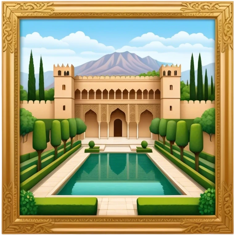 Cinematic Realistic Alhambra Landmark Emoji, showcasing the ornate historic palace with lush gardens rendered with rich textures and soft, majestic lighting. emoji