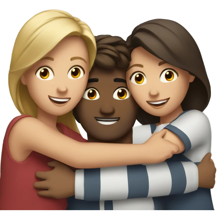 Two brunette women hugging a man emoji