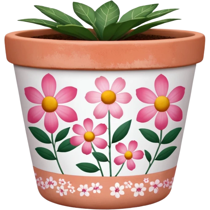 plant pot in terra cota with white and pink flowers print painted on the pot  emoji