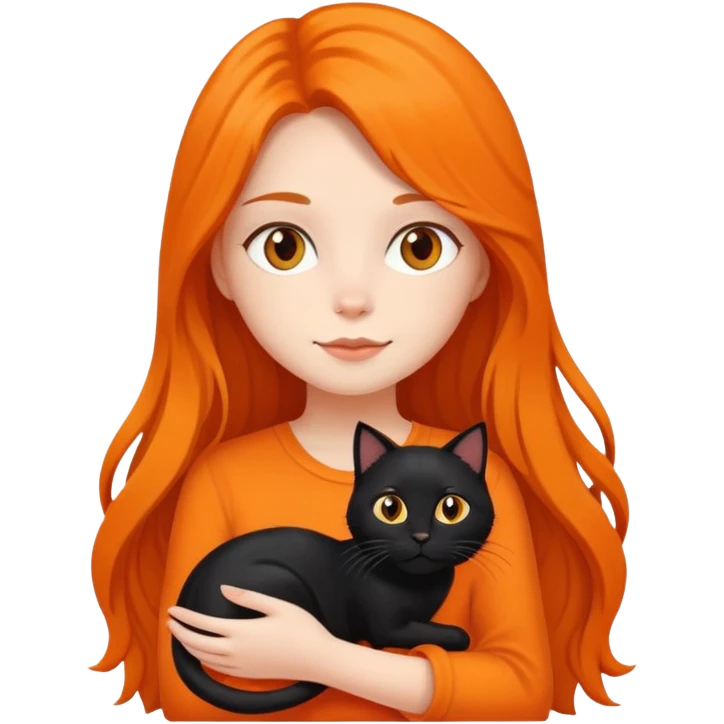 A long-haired girl holding a black cat and an orange cat emoji
