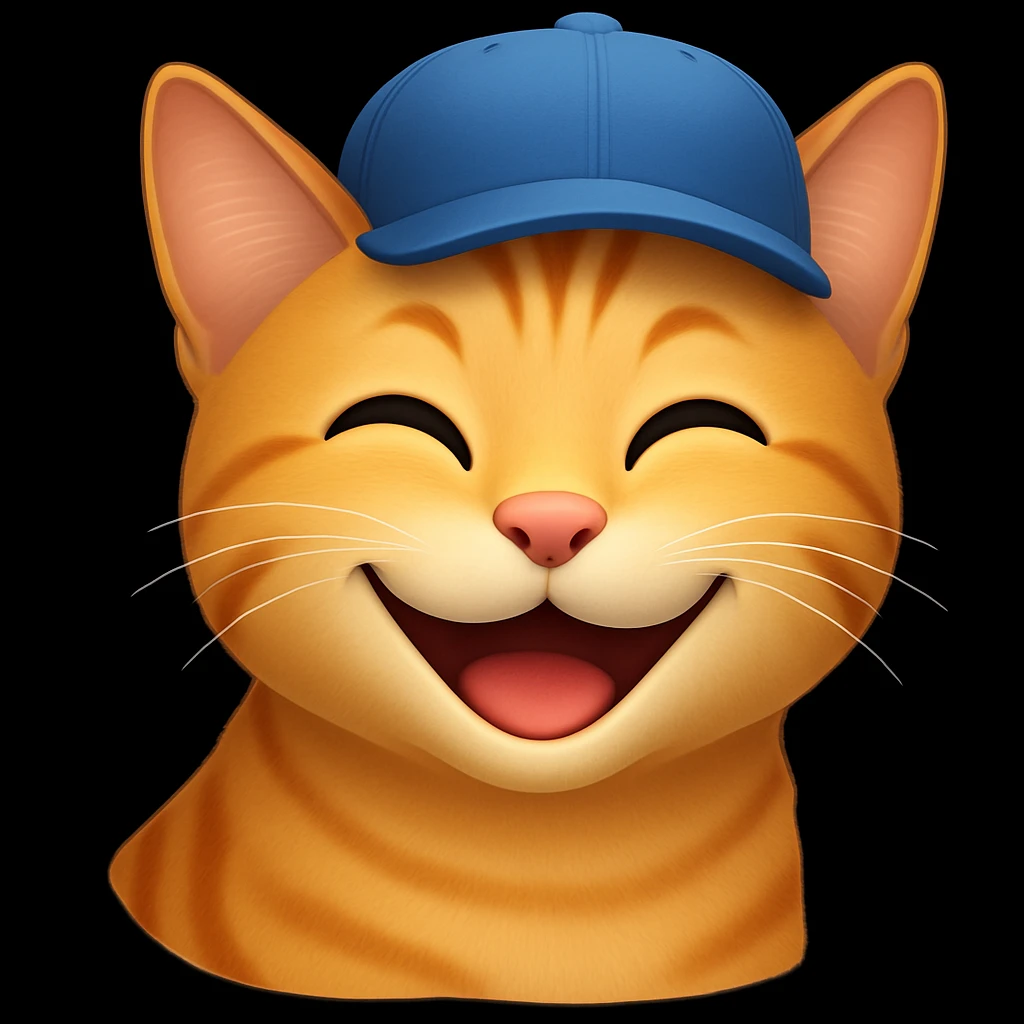 Change the cat's face expression to happy, keeping the blue cap, in emoji style. emoji