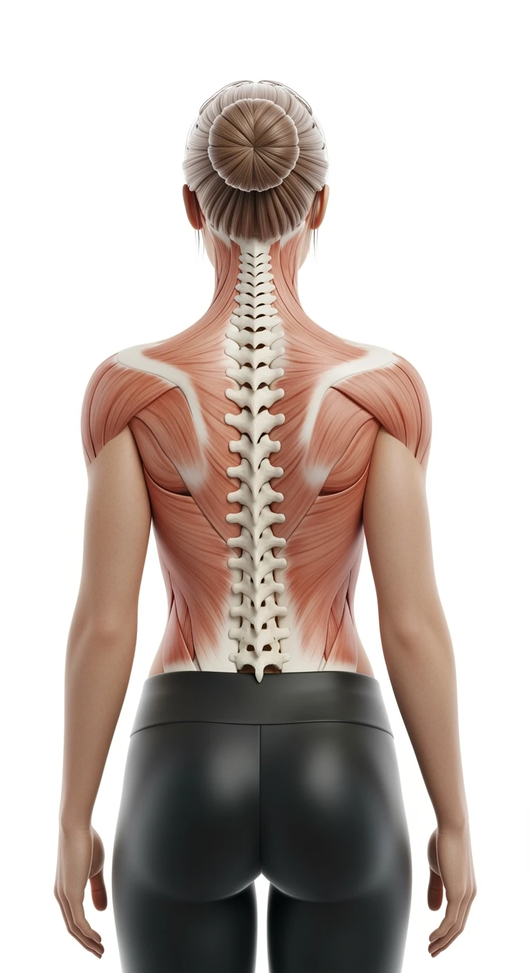 donna fitness di spalle con spina dorsale anatomica realistica in evidenza, sfondo bianco emoji