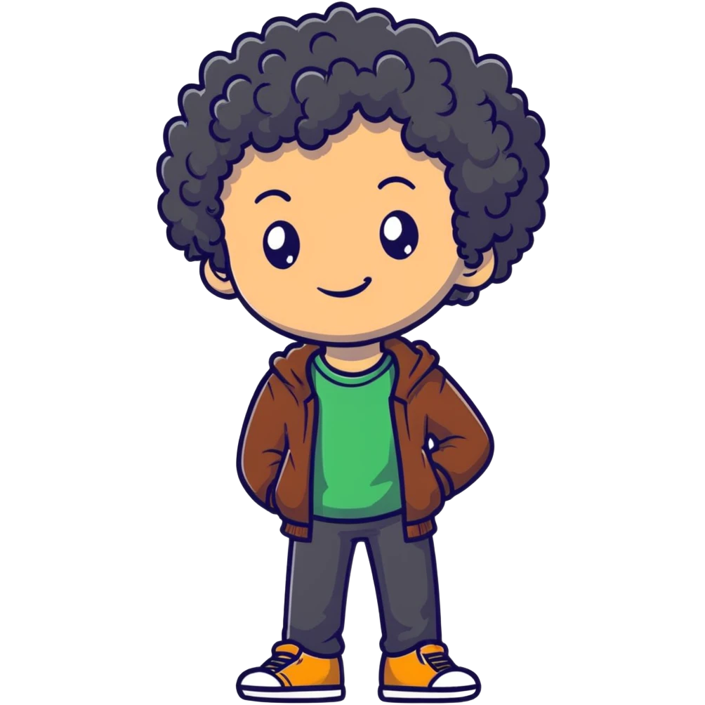 Teen boy with curly hair, casual clothes, friendly expression emoji