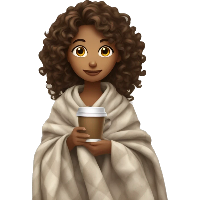 long curly haired girl drinking coffee with a blanket  emoji