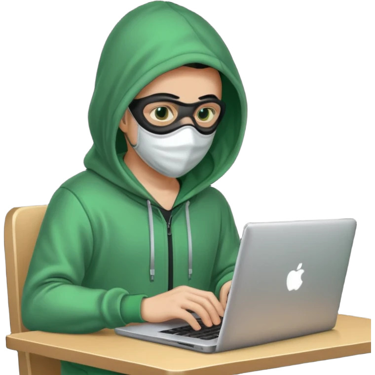 Хакер сидит в зелёной одежде в маске, печатает в ноутбуке, прозрачный фон. emoji