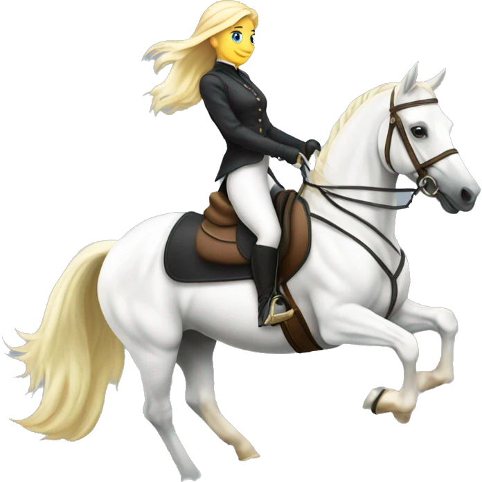blond Equestrienne riding a white arabian horse, dressage  emoji